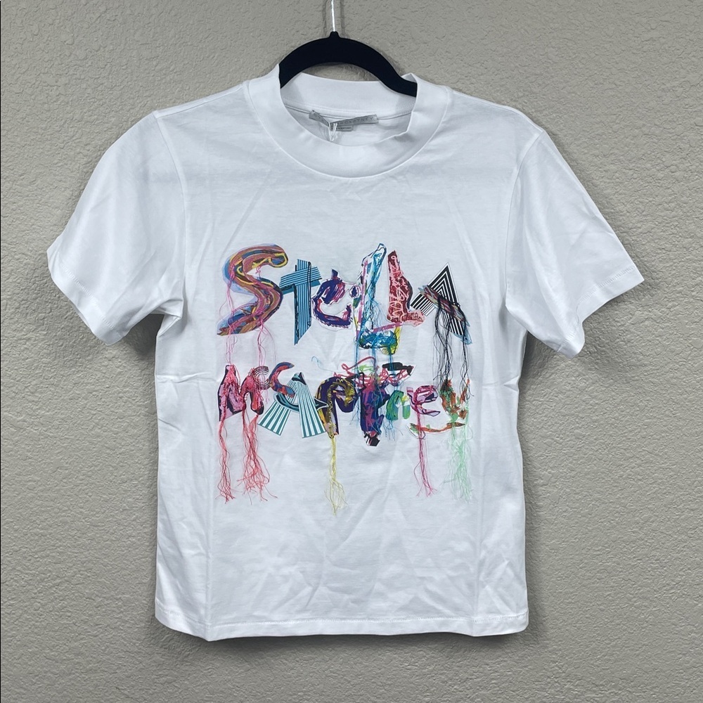 NWT Stella McCartney Collage Tassel Fringe White Logo Tee T Shirt Sz 42 - Picture 4 of 14
